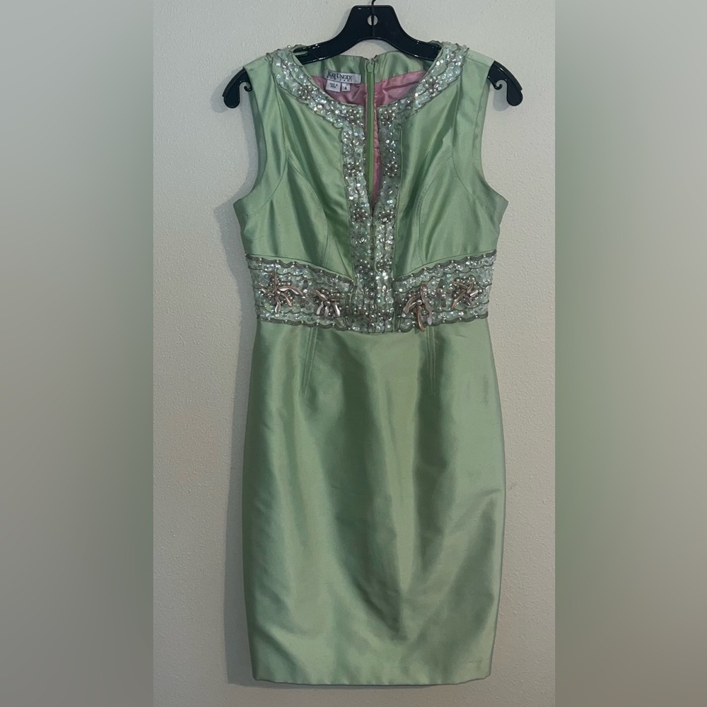 Kay Unger Midi Dress Women Size 4 Light Green Beaded Sequin‎ Sheath Sleeveless